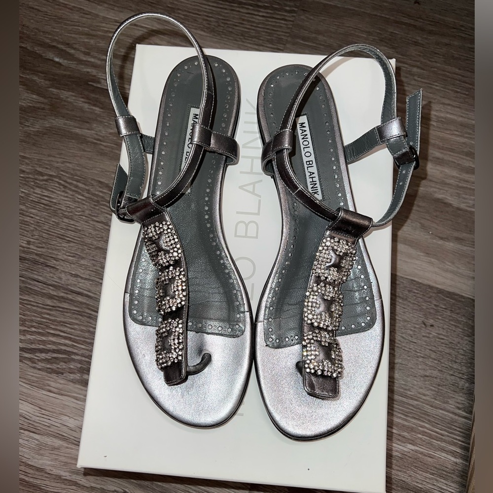 Manolo Blahnik Crystal Embellished Ottolina T Strap Sandals